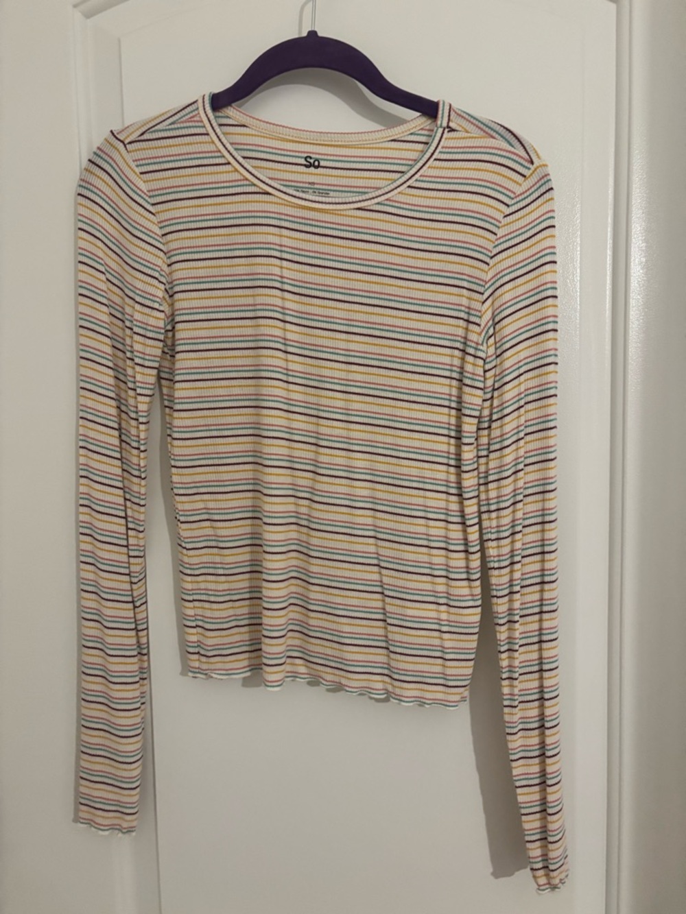 SO Ribbed Long-Sleeve Crewneck Top in Cream with Multi Stripes